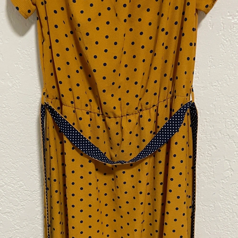 Wrapper Mustard Polka Dot Midi Dress with Navy Accent - Picture 3 of 11